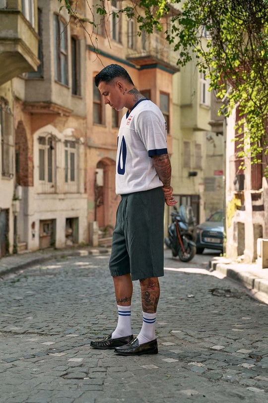 Erkek Oversize Futbol V Yaka Triko Forma T-Shirt Ekru