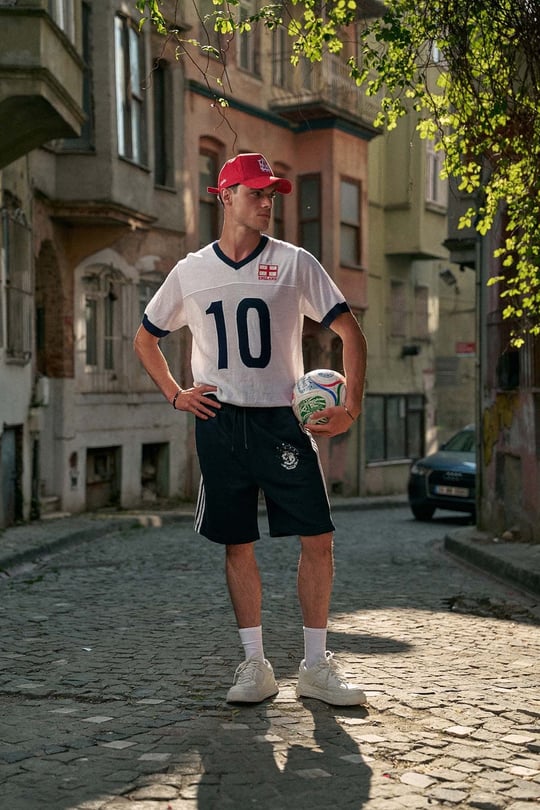 Erkek Oversize Futbol V Yaka Triko Forma T-Shirt Ekru