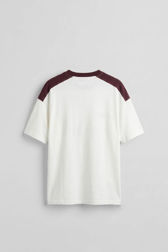 Erkek Oversize Nakışlı Ülke Temalı Forma T-Shirt Ekru/Bordo
