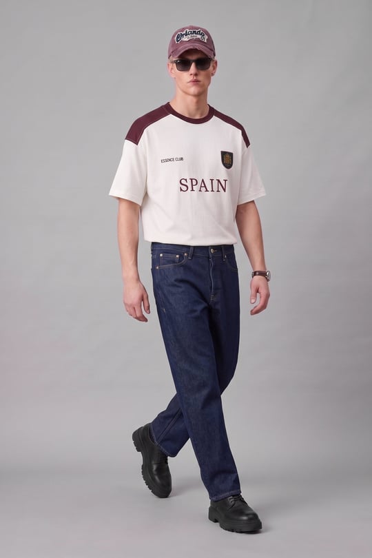 Erkek Oversize Nakışlı Ülke Temalı Forma T-Shirt Ekru/Bordo