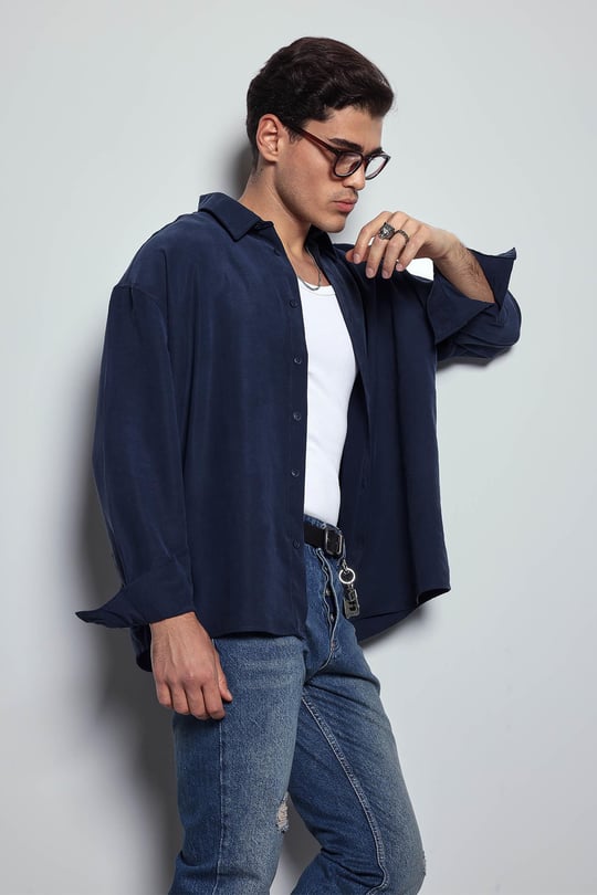 Erkek Oversize Uzun Kollu Basic Gömlek Lacivert