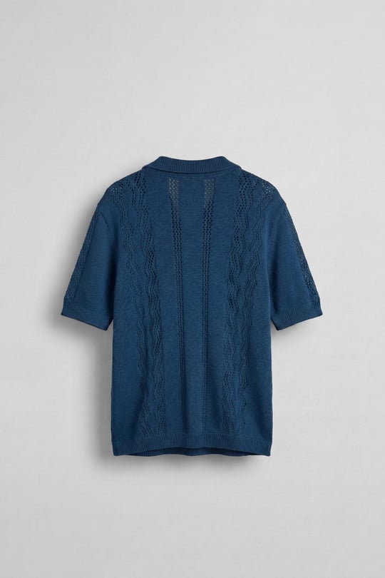 Erkek Oversize Yarım Pat Gömlek Yaka Desenli Örme T-Shirt Saks Mavi