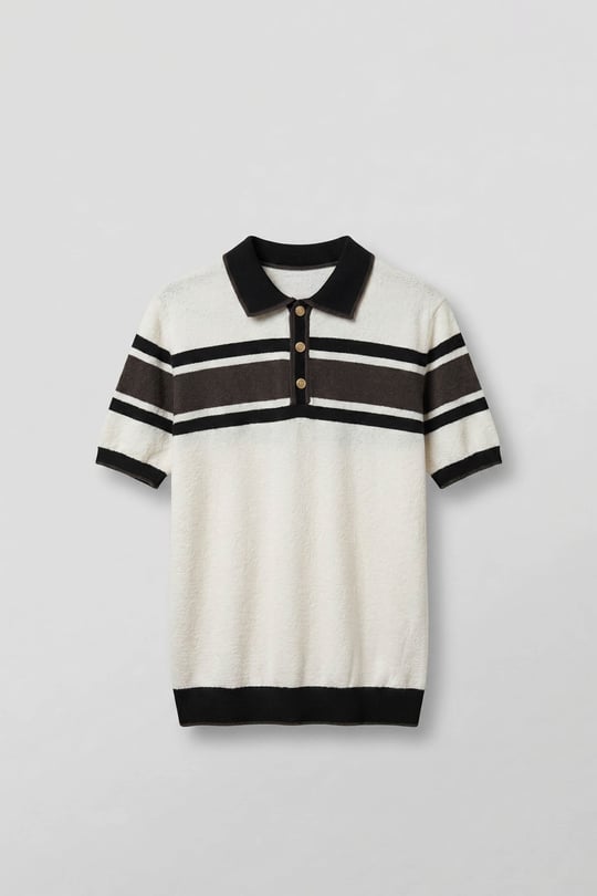 Erkek Regular Fit Çizgili Havlu Triko Polo Yaka T-Shirt Ekru Kahverengi
