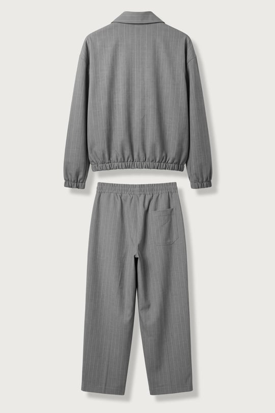 Erkek Relax Fit Çizgili Fermuarlı Ceket Pantolon Takımı Gri