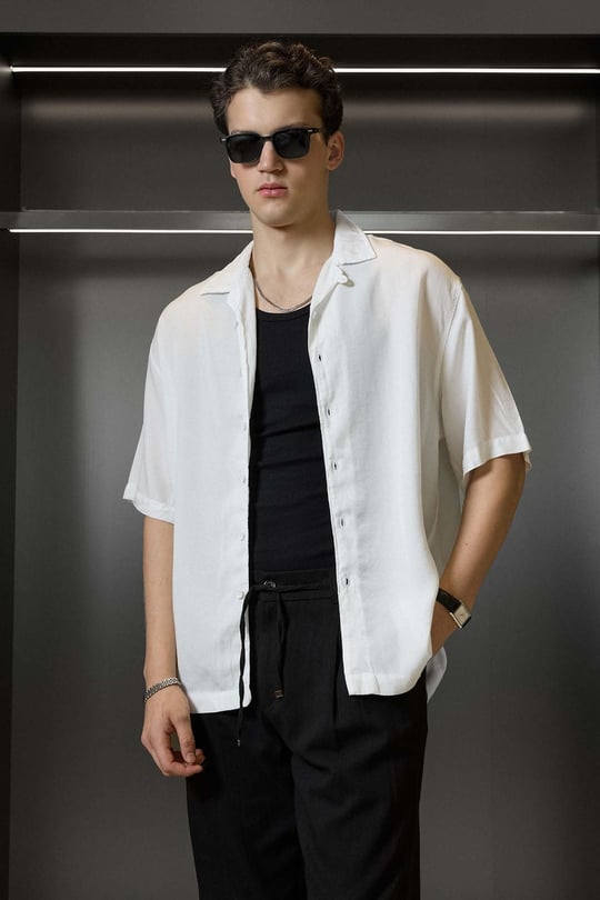 Erkek Relaxed Fit Açık Yaka Kısa Kollu Tencel Gömlek Beyaz
