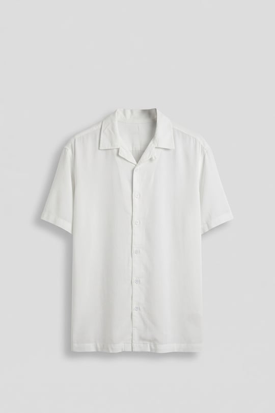 Erkek Relaxed Fit Açık Yaka Kısa Kollu Tencel Gömlek Beyaz
