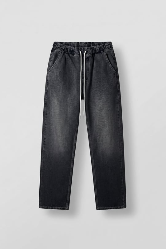 Erkek Relaxed Fit Beli Lastikli Jean Pantolon Siyah