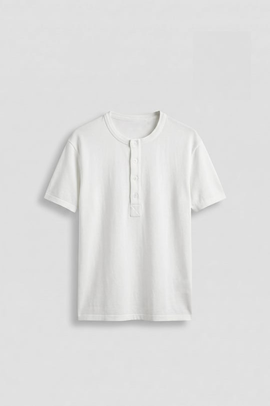 Erkek Relaxed Fit Düğmeli Henley Yaka Basic T-Shirt Beyaz
