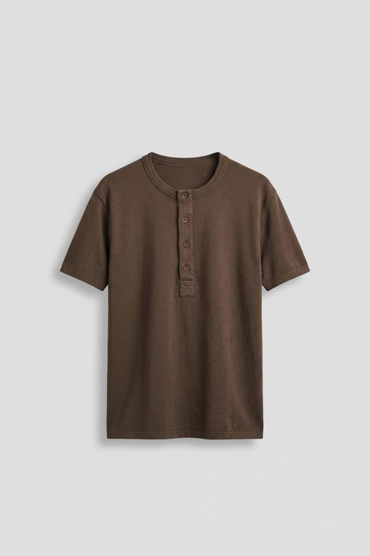 Erkek Relaxed Fit Düğmeli Henley Yaka Basic T-Shirt Kahverengi