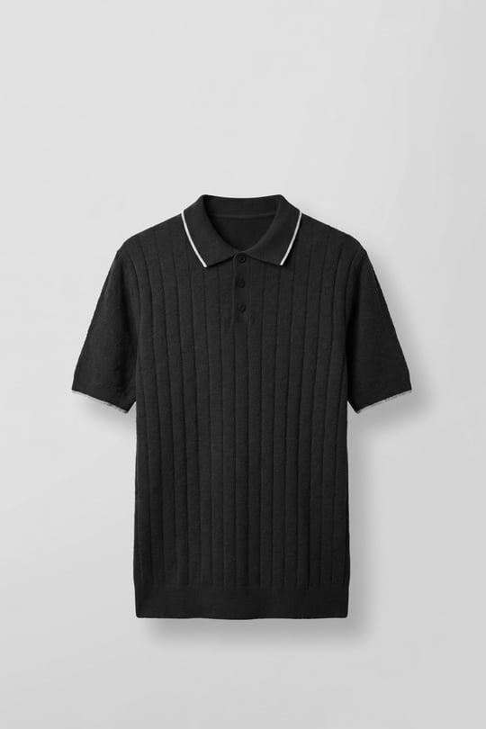 Erkek Relaxed Fit Pamuklu Havlu Polo Yaka Triko T-Shirt Siyah