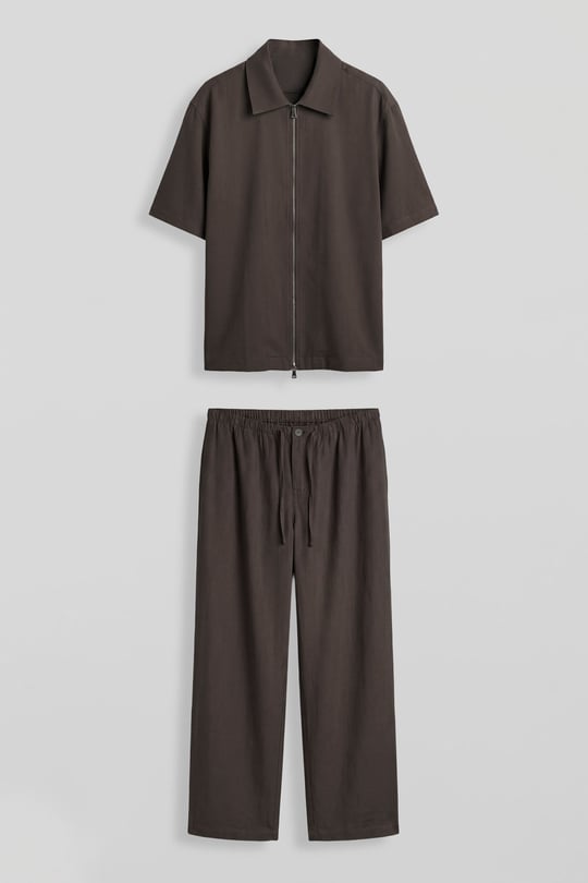 Erkek Relaxed Fit Tencel Fermuarlı Gömlek Pantolon Takımı Kahverengi