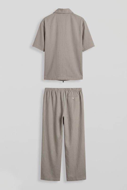 Erkek Relaxed Fit Tencel Fermuarlı Gömlek Pantolon Takımı Bej