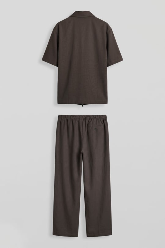 Erkek Relaxed Fit Tencel Fermuarlı Gömlek Pantolon Takımı Kahverengi
