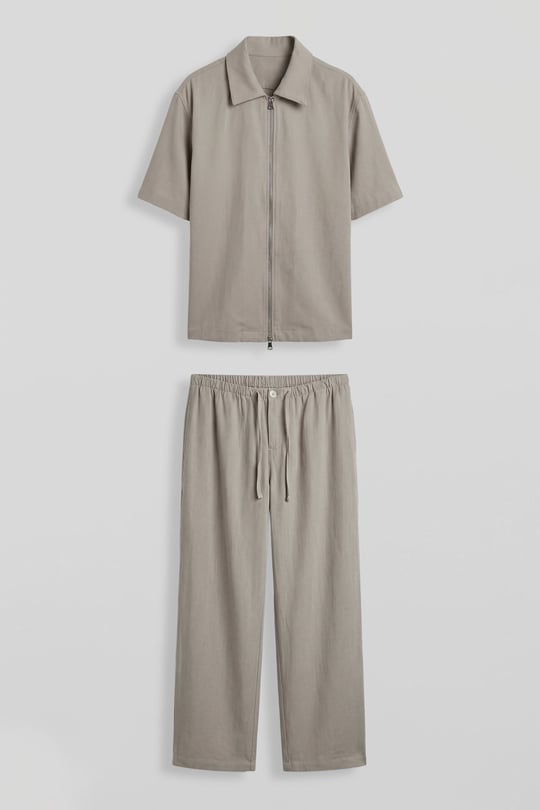 Erkek Relaxed Fit Tencel Fermuarlı Gömlek Pantolon Takımı Bej