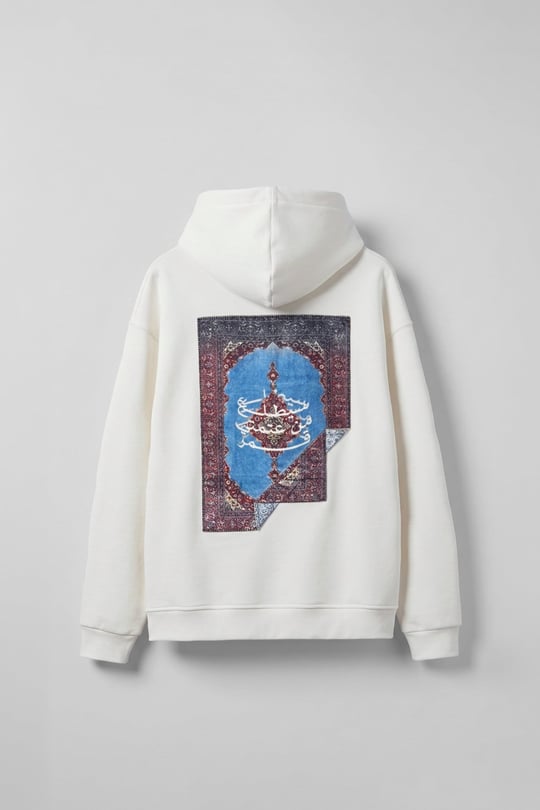 Erkek Sırt Yamalı Oversize Premium Kumaş Hoodie Beyaz