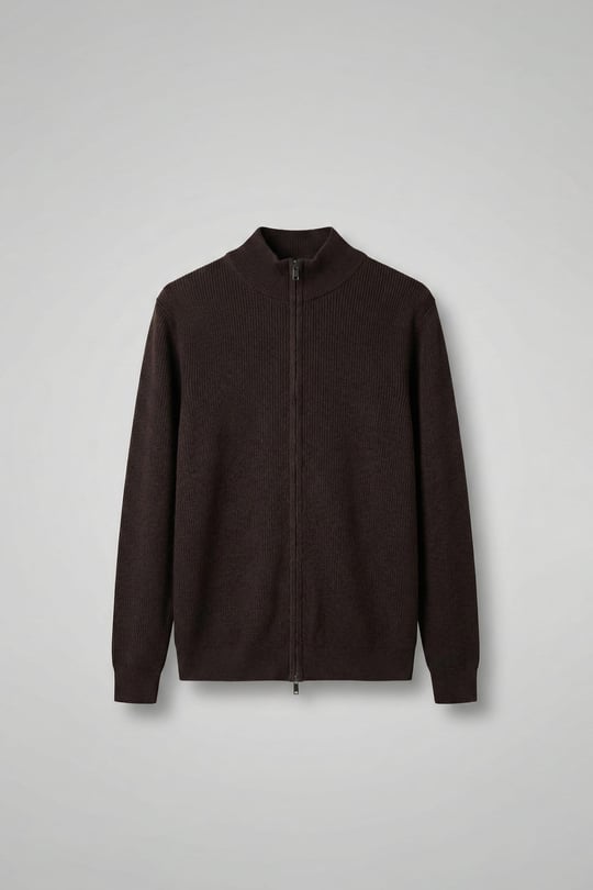 Erkek Slim Fit Fermuarlı Dik Yaka Fitilli Triko Hırka Kahverengi