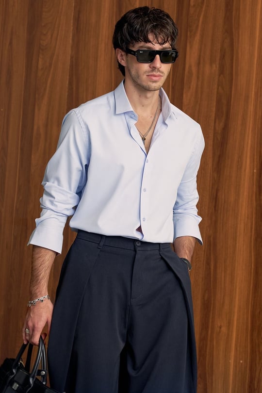 Erkek Slim Fit Pamuk Klasik Yaka Uzun Kollu Gömlek Mavi