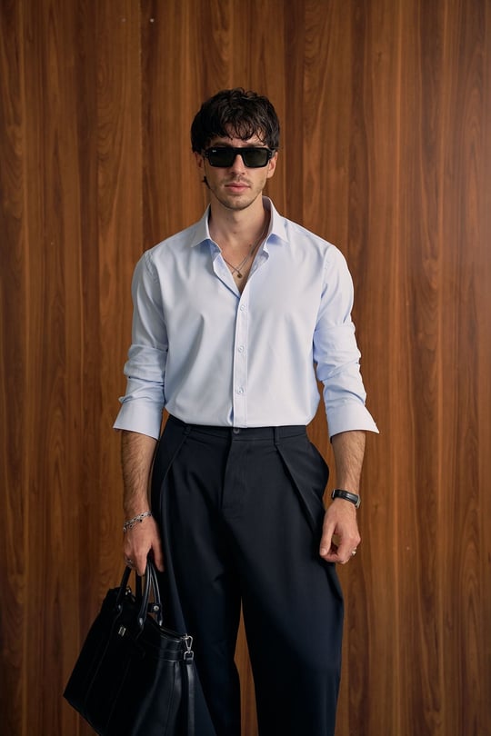 Erkek Slim Fit Pamuk Klasik Yaka Uzun Kollu Gömlek Mavi