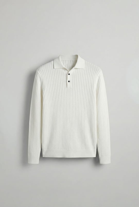 Erkek Slim Fit Polo Yaka Fitilli Örme Triko Kazak Ekru
