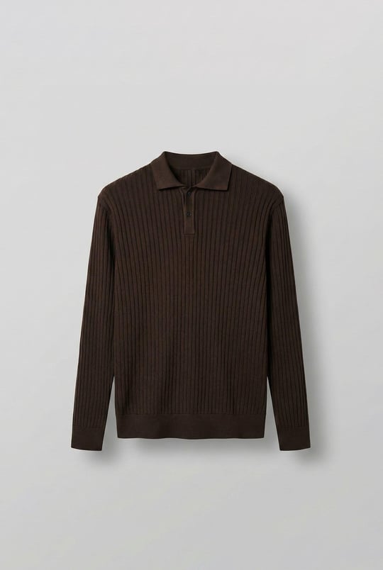 Erkek Slim Fit Polo Yaka Fitilli Örme Triko Kazak Kahverengi