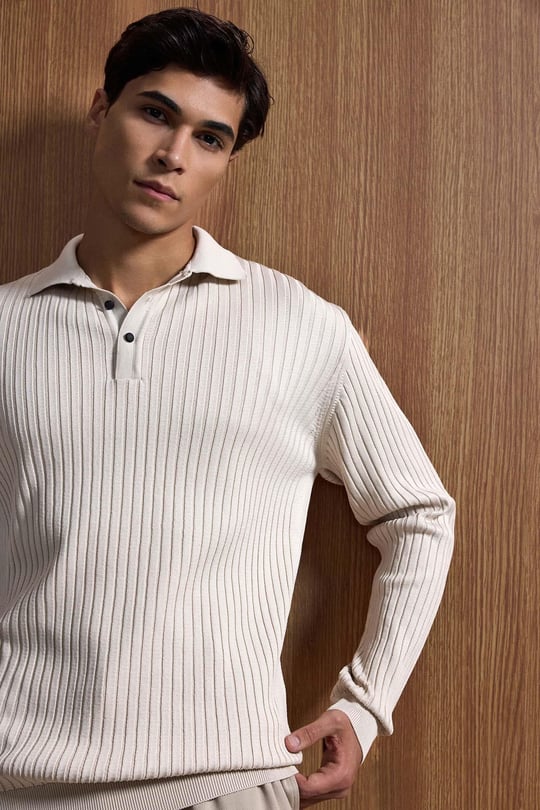 Erkek Slim Fit Polo Yaka Fitilli Örme Triko Kazak Taş Rengi