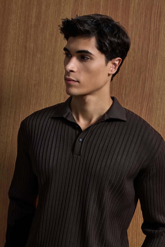 Erkek Slim Fit Polo Yaka Fitilli Örme Triko Kazak Kahverengi