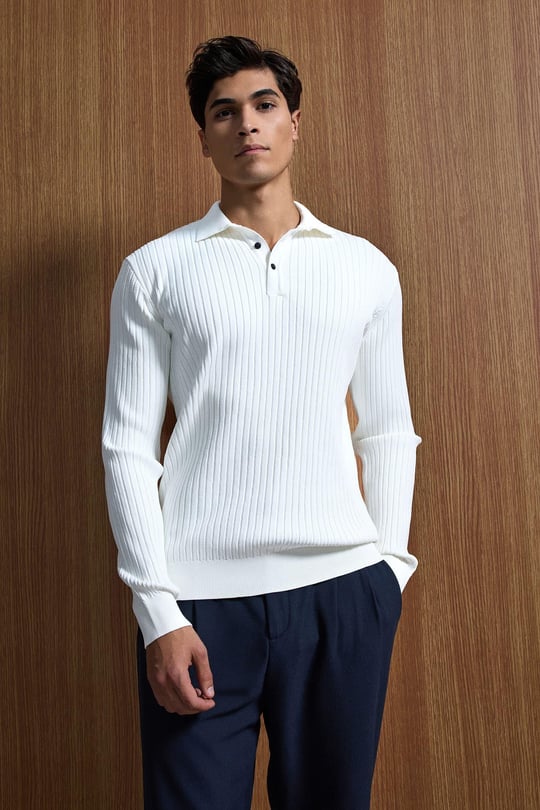 Erkek Slim Fit Polo Yaka Fitilli Örme Triko Kazak Ekru