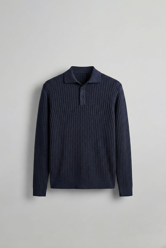 Erkek Slim Fit Polo Yaka Fitilli Örme Triko Kazak Lacivert