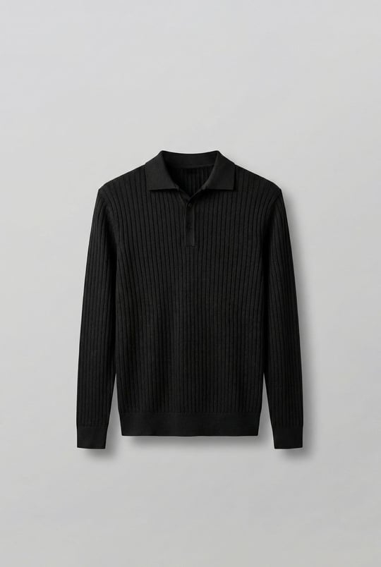 Erkek Slim Fit Polo Yaka Fitilli Örme Triko Kazak Siyah