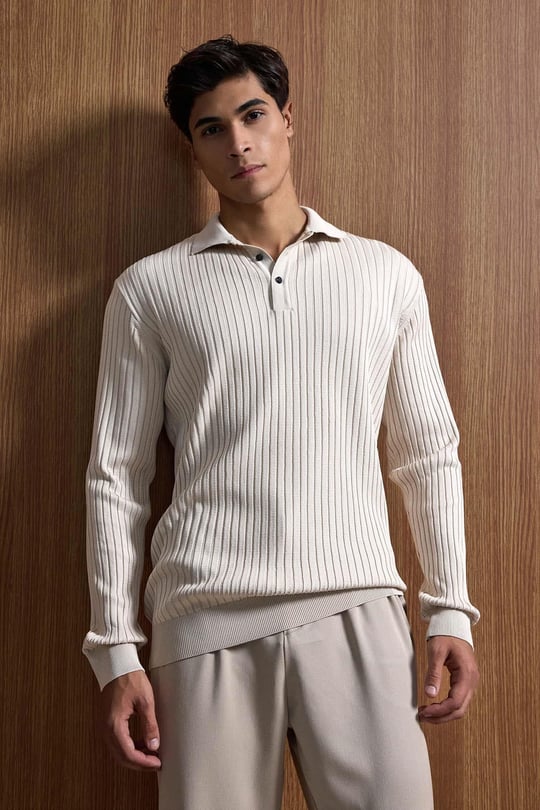 Erkek Slim Fit Polo Yaka Fitilli Örme Triko Kazak Taş Rengi