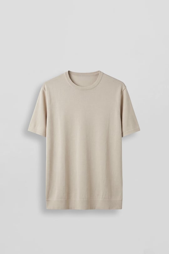 Erkek Slim Fit Triko Bisiklet Yaka Basic T-Shirt Bej
