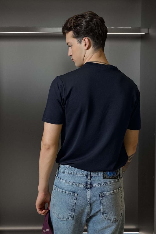 Erkek Slim Fit Triko Bisiklet Yaka Basic T-Shirt Lacivert