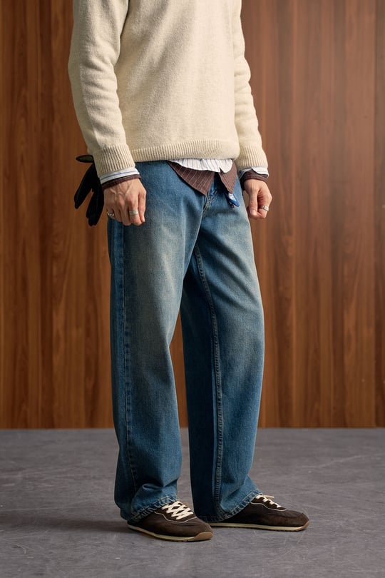 Erkek Süper Baggy Kemer Tokalı Yıkamalı Jean Lacivert