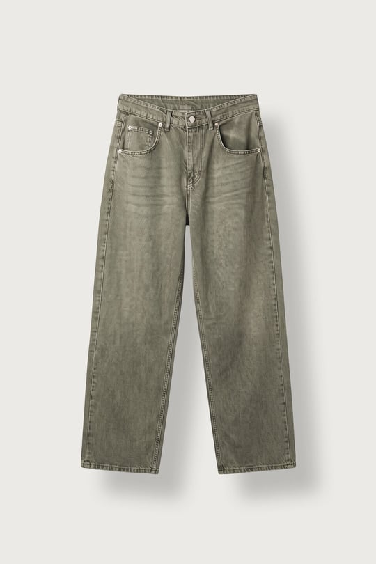 Erkek Süper Baggy Yıkamalı Jean Pantolon Haki Yeşil