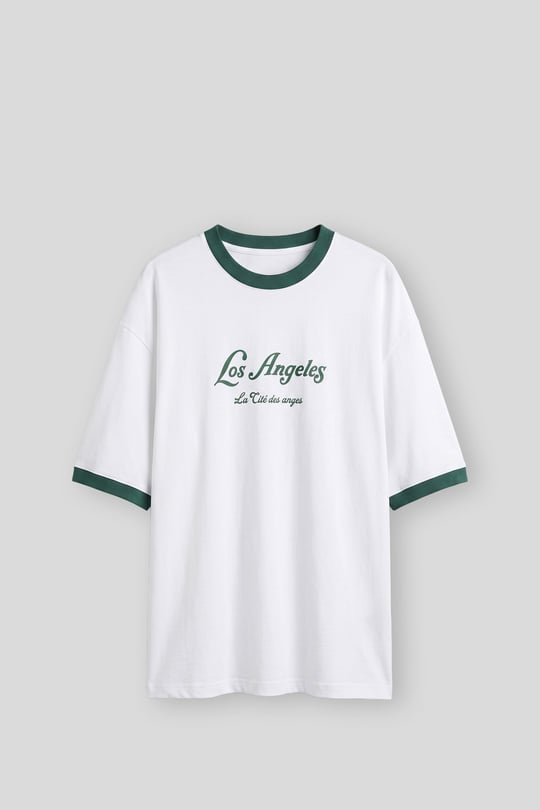 Erkek Süper Oversize LA Baskılı Kontrast Yaka T-Shirt Beyaz