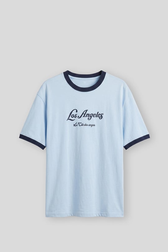Erkek Süper Oversize LA Baskılı Kontrast Yaka T-Shirt Bebek Mavi