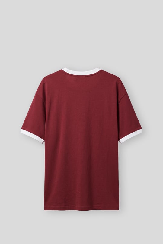 Erkek Süper Oversize LA Baskılı Kontrast Yaka T-Shirt Bordo