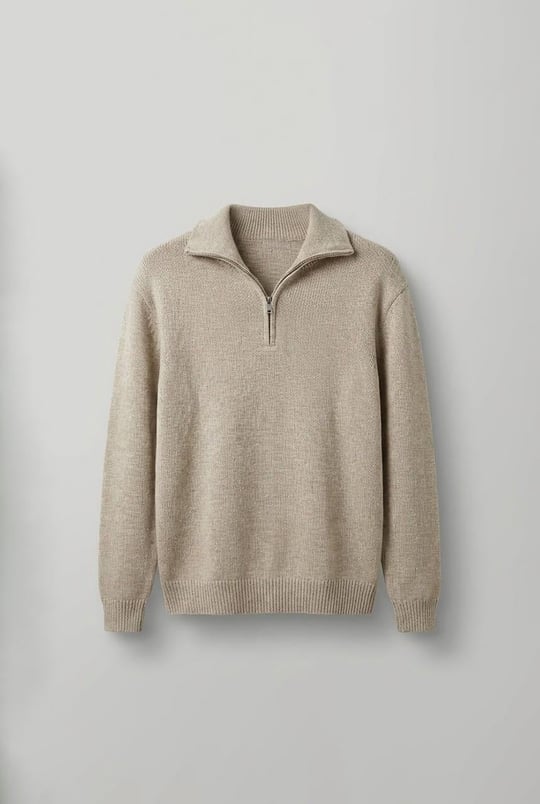 Erkek Yarım Fermuarlı Premium Kumaş Oversize Kazak Bej