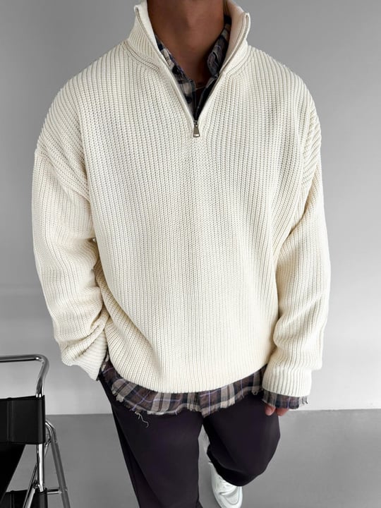 Erkek Oversize Yarım Fermuarlı Kazak Bej