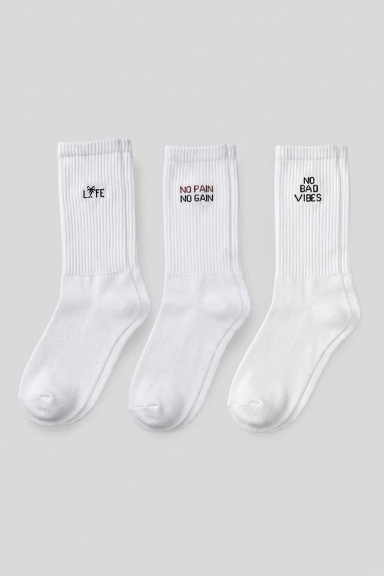 Unisex Sloganlı 3'lü Uzun Tenis Çorap Beyaz