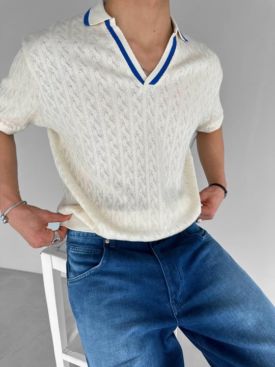 Erkek Yarım Pat V Yaka Desenli Triko T-Shirt Krem Mavi