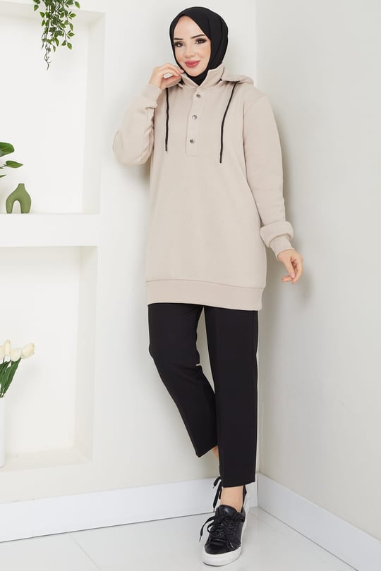 Çıkarılabilir Kapüşonlu 3 İplik Şardonlu Sweatshirt Bej