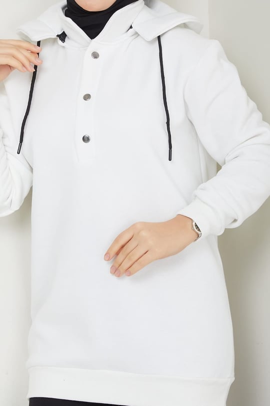 Çıkarılabilir Kapüşonlu 3 İplik Şardonlu Sweatshirt Beyaz