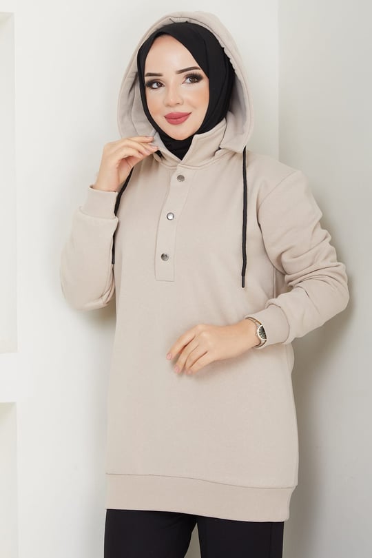 Çıkarılabilir Kapüşonlu 3 İplik Şardonlu Sweatshirt Bej