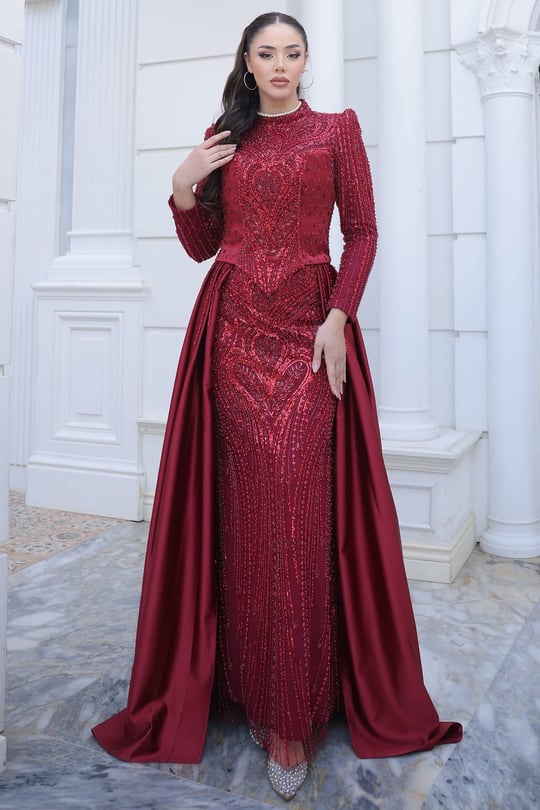 Mila Tesettür Abiye Bordo