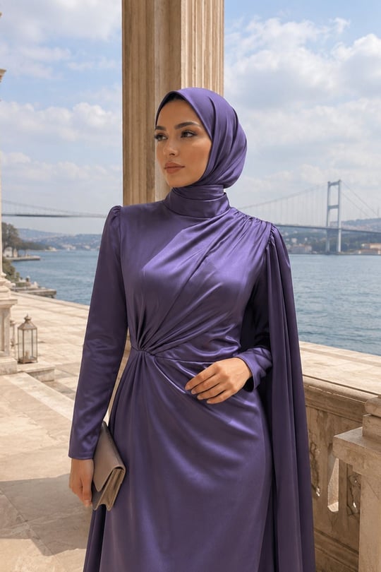 Nur Saten Tesettür Abiye Lila