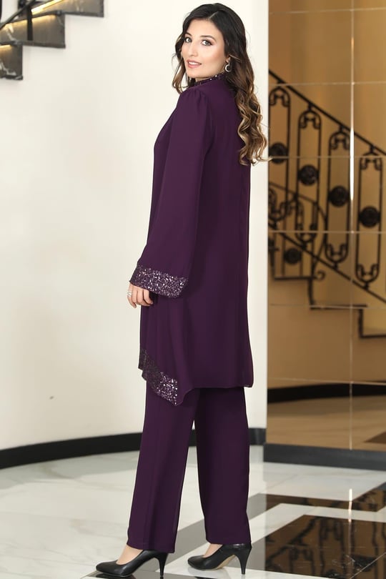 Umay Şifon Tunik Pantolon İkili Tesettür Takım Mürdüm