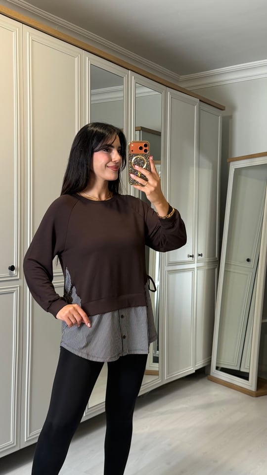 Carola Tasarım Kahverengi Çizgili Yandan Bağlamalı Gömlekli Bluz