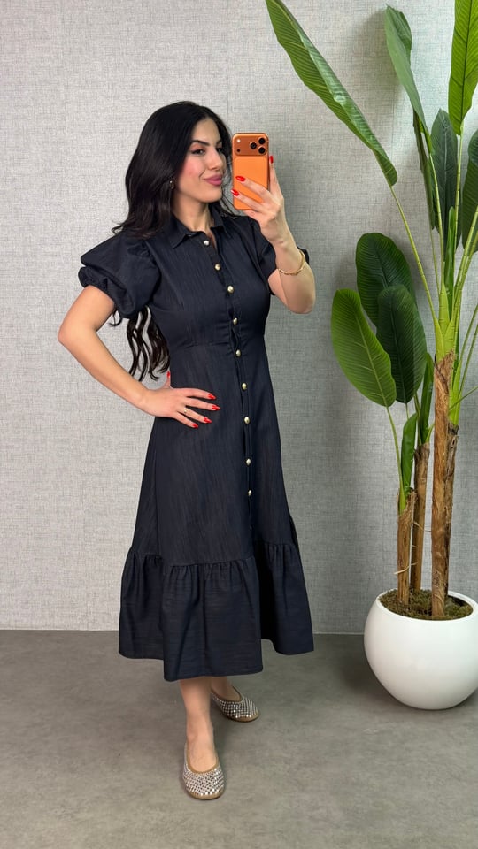 Curly Mavi Gömlek Yaka Denim Elbise