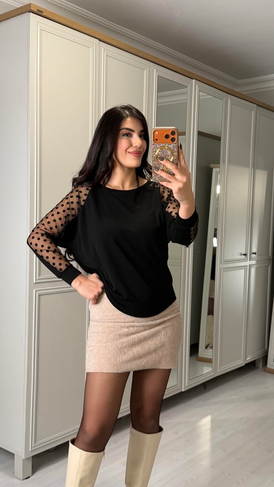 Dablin Siyah Yarasa Kol Puantiyeli Bluz